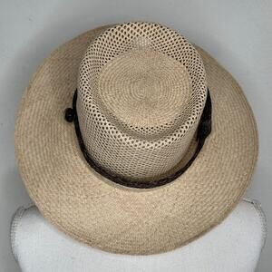 Temple Tan & Brown Basket Weave Rattan Wide Brim Hat Embellished Dark Brown Band